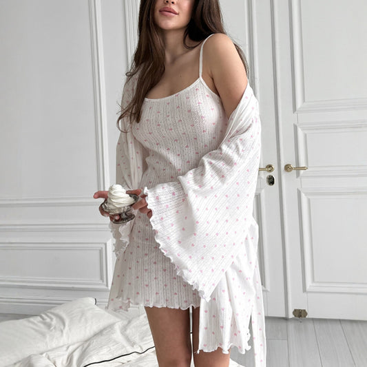 Casual White Heart-Print Long-Sleeve Two-Piece Skirt Set For Women