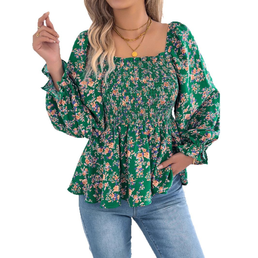 Casual Square-neck Top With Flared Sleeves And A Printed Design