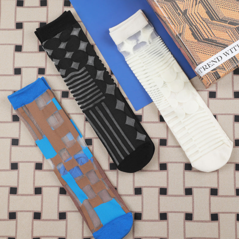 Women's Summer Thin Asymmetric Spun Glass Striped Diamond Socks