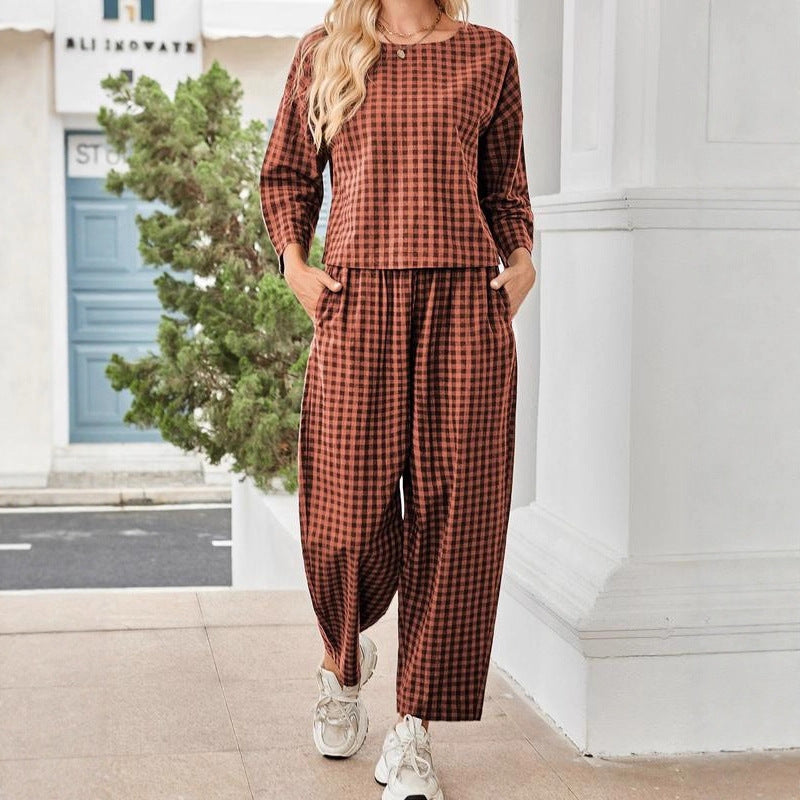 Loose And Breathable Grid Long-sleeve Vest And Pants Set