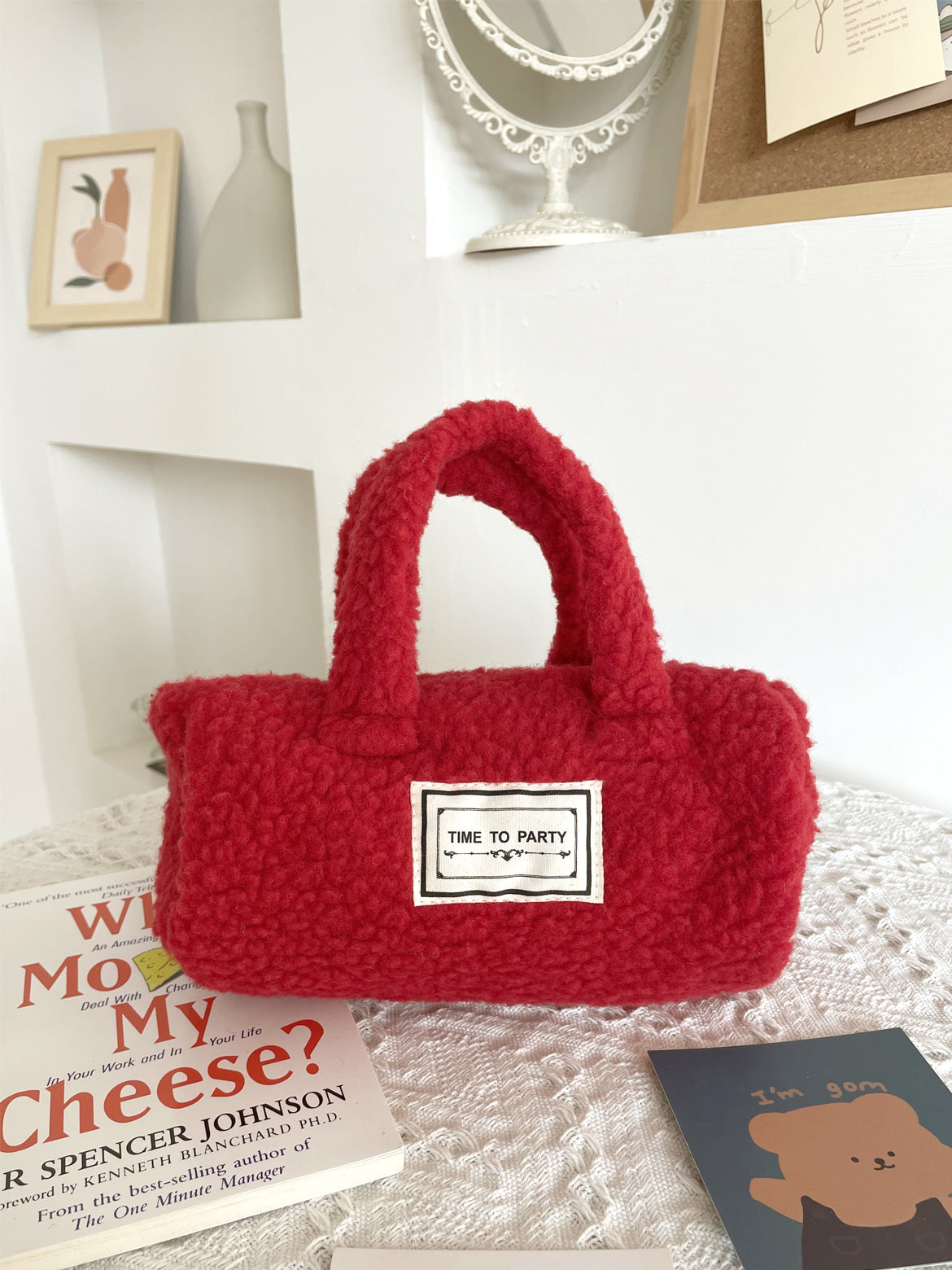 Plush Small Red Envelope Contrast Color Lamb Wool Hand Bag