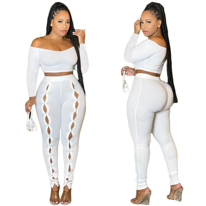 Solid Color One Line Shoulder Wispy Empty Crop Two-piece Set
