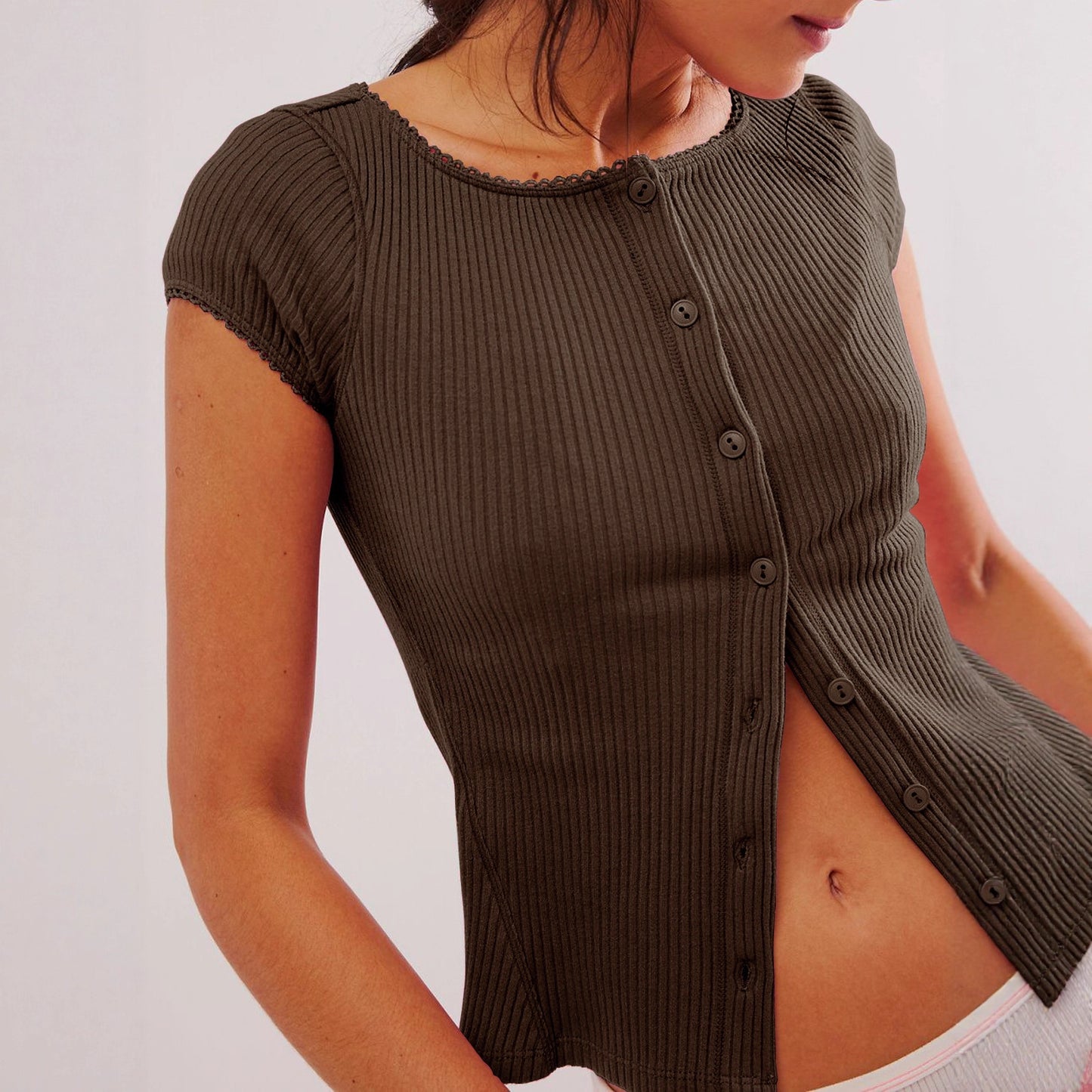 Buttoned Short-sleeve Ribbed Top T-shirt For Women