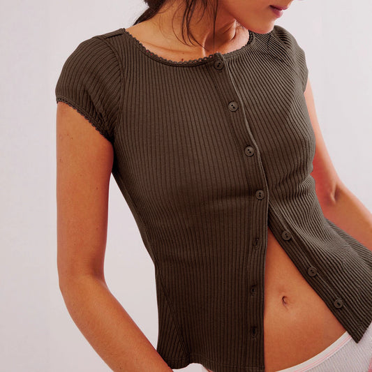 Buttoned Short-sleeve Ribbed Top T-shirt For Women