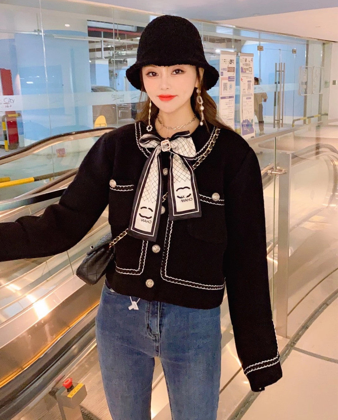 Mink Sweet Little Fragrance Jacket Women's Sweater Contrast Color Short Cardigan Sweater Ladies