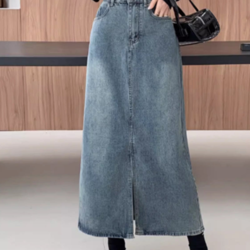 Hong Kong Style Retro Thin Denim Skirt, Mid Length For Women