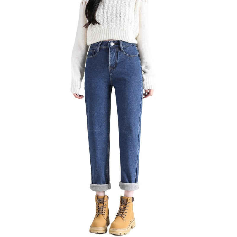 Højtaljede tykke fleeceforede jeans til kvinder, lige model