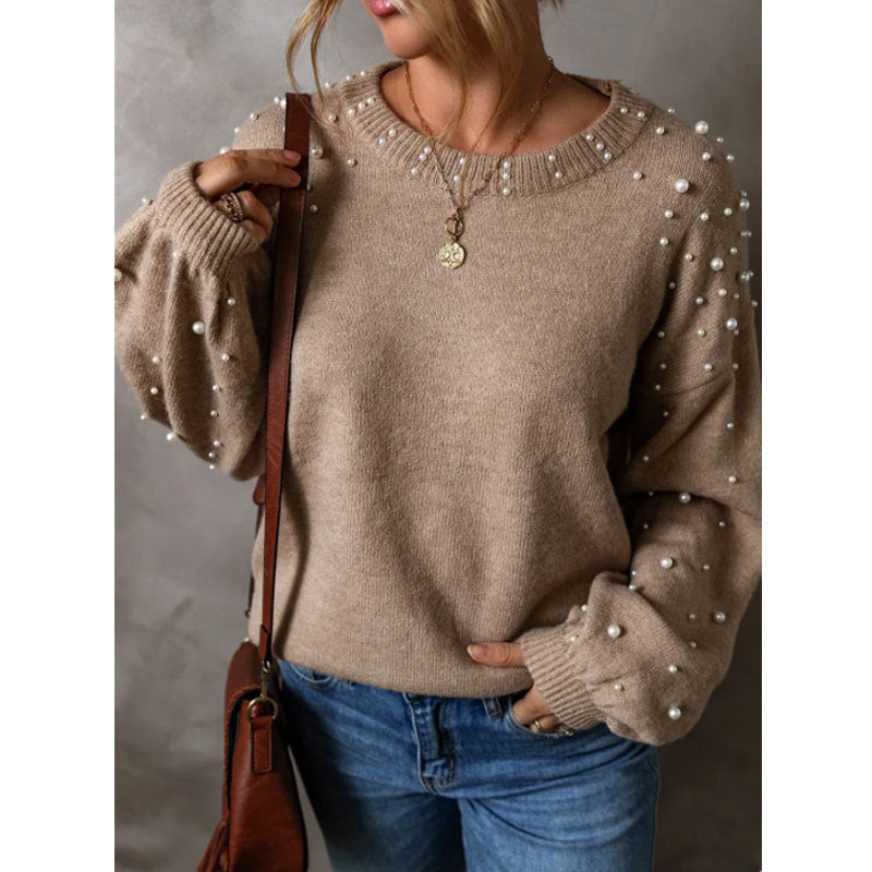 Women's Loose Beaded Round Neck Pullover Long Sleeve Sweater