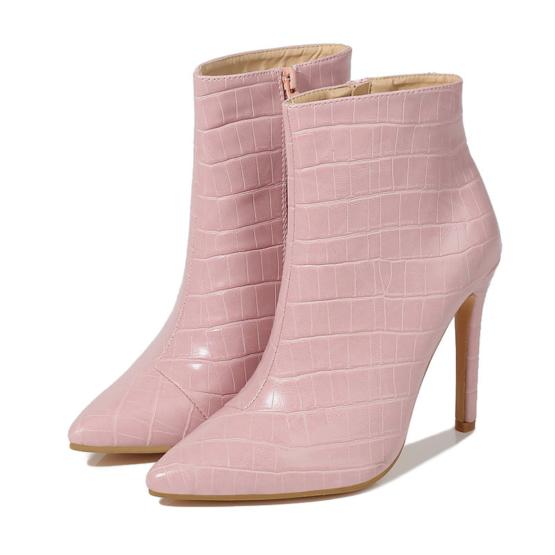 Pointed Stiletto Heel Snakeskin Print Women's Back Zipper Boots