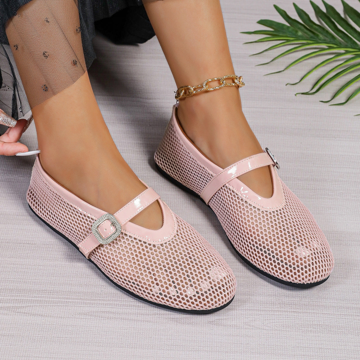 Round Head Rhinestone Buckle Mesh Hollow Out Women's Buckle