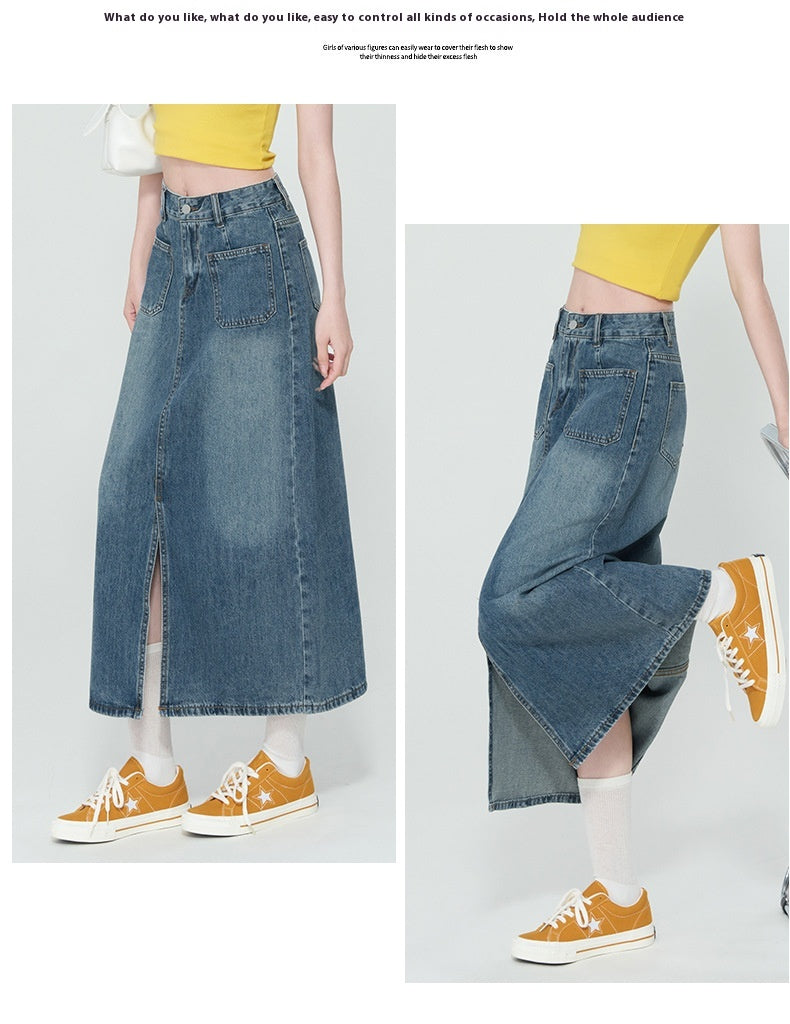 New High Waist Front Patch Pocket Denim Women's Bag Hip Skirt