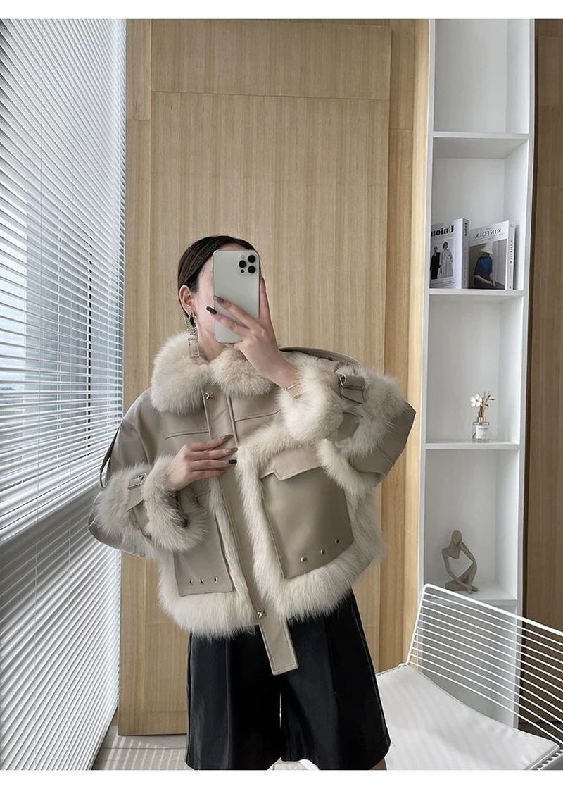 Sense Fox Fur Stitching Leather Coat