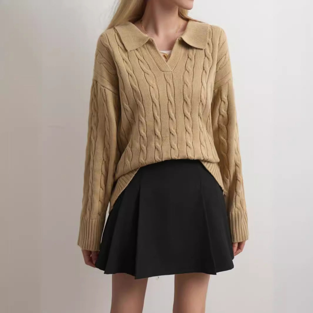 Autumn And Winter European And American Twisted Long Sleeve Lapel Twist V-neck Knitted Pullover