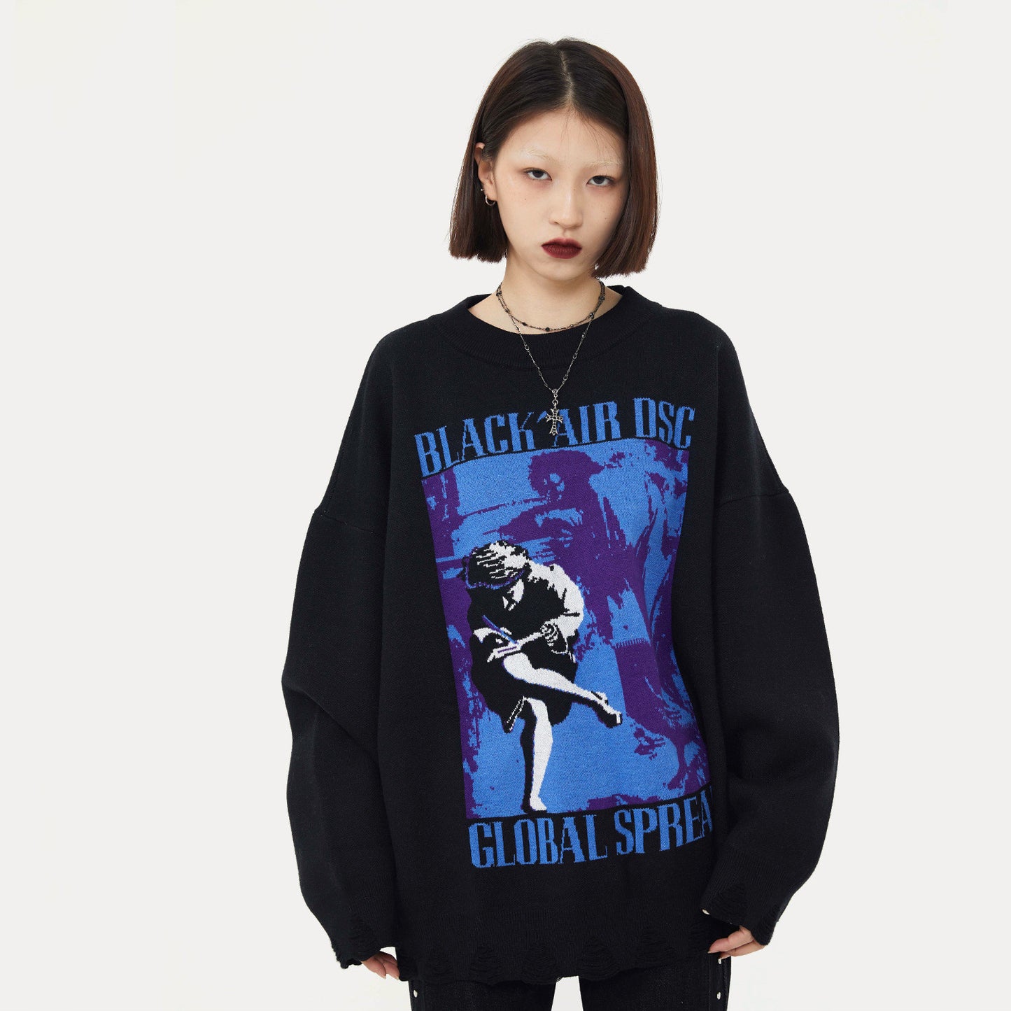 Sweater Wormhole Destruction American Street Sweater Retro Black
