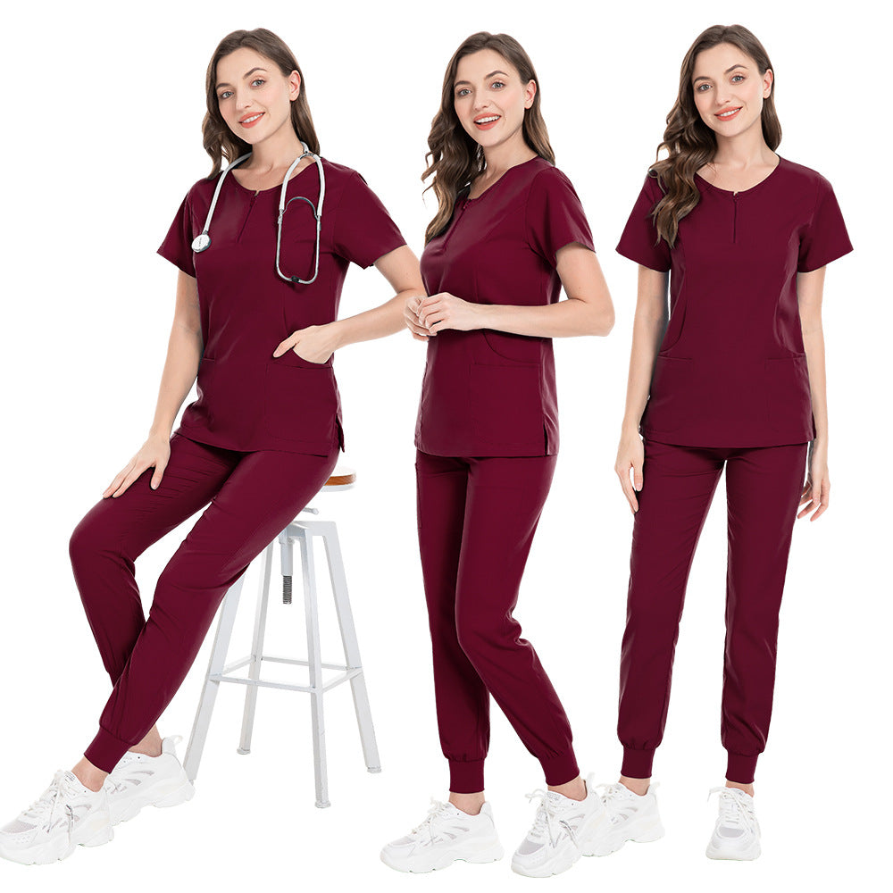 Zip-front Half-zip Collar Scrub Cream Set With Long Pants