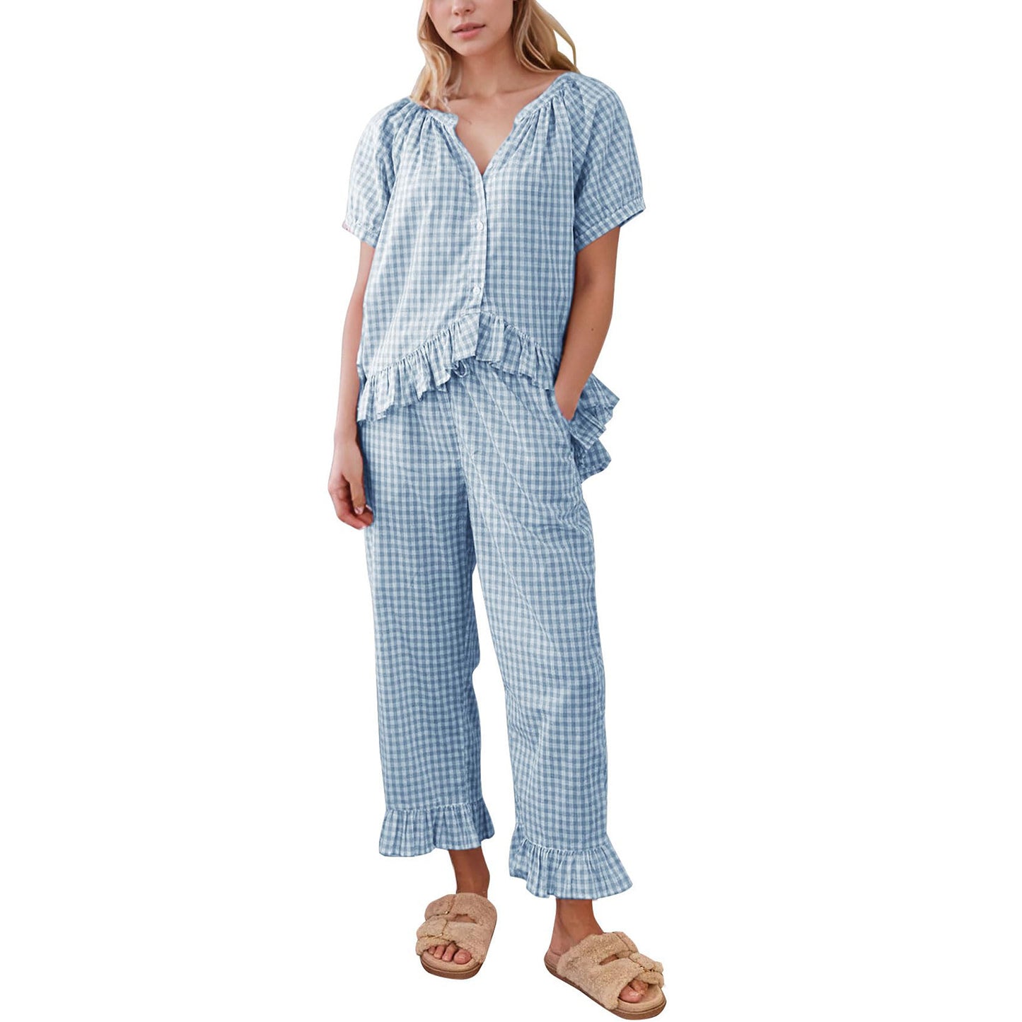 2-piece Set Short Sleeve Ruffled Top And Pants