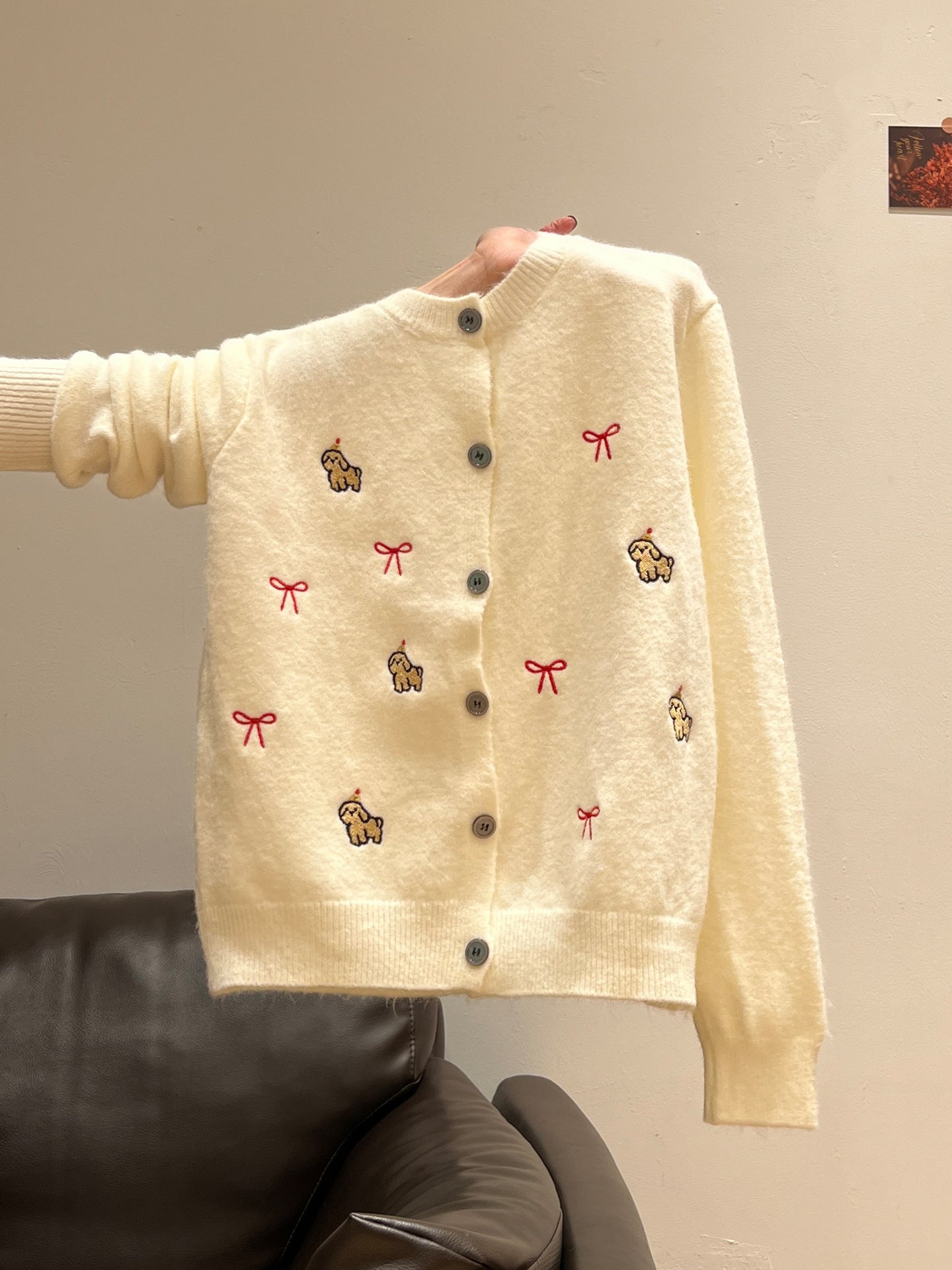 Red Embroidered Button Front Long Sleeve Knitted Cardigan Women's Sweater