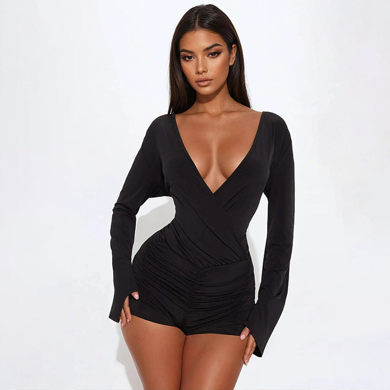 New Winter Slim-Fit Jumpsuit With A Deep V-Neck Flared Long Sleeves
