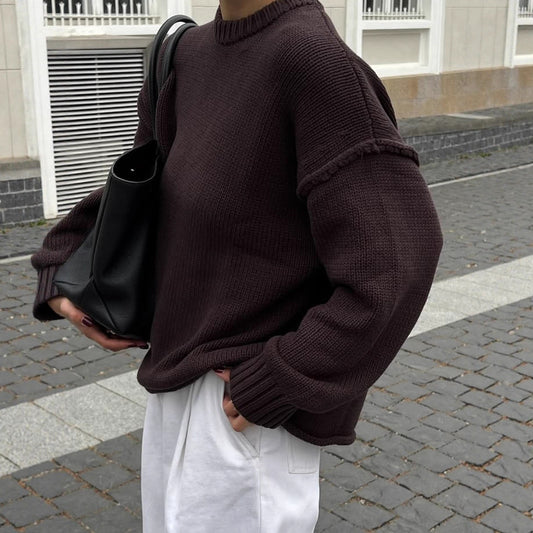 Round Neck Reverse Sweater Solid Color Casual Knitted Top