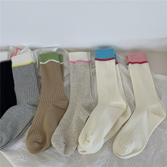 Dopamine Contrast Color Tube Casual Bunching Socks Cotton Double Needle Socks