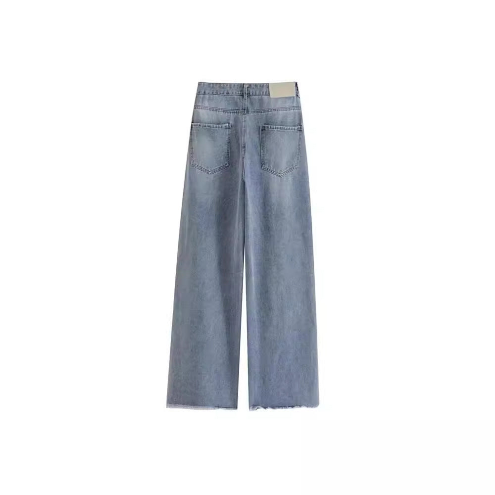 Dame Nye Mode Trendy Rhinestone Rå Kanter Design Lange Vide Ben Jeans