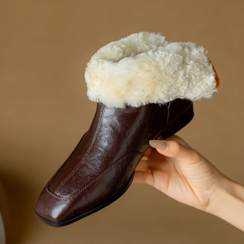 Women's Cowhide Square-toe Warm Fleece-lined Thick Wool Short Boots