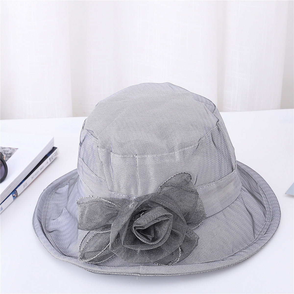 Ladies Organ Mesh Flower Top Hat Shade Foldable