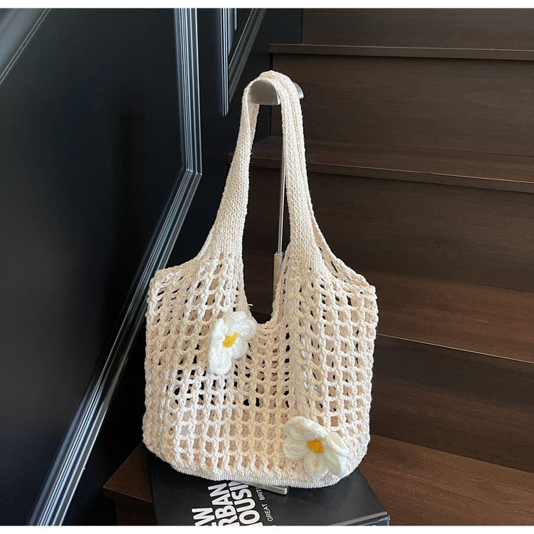Knitted Handbag Woven Mesh Hollow Out Flower Large Capacity Versatile Shoulder Bag