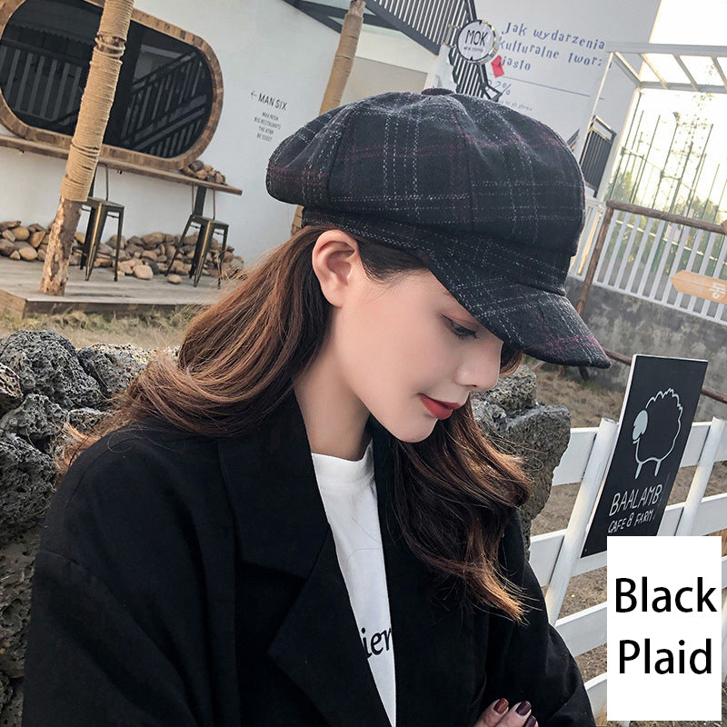 Retro Literary Octagonal Hat Plaid Beret