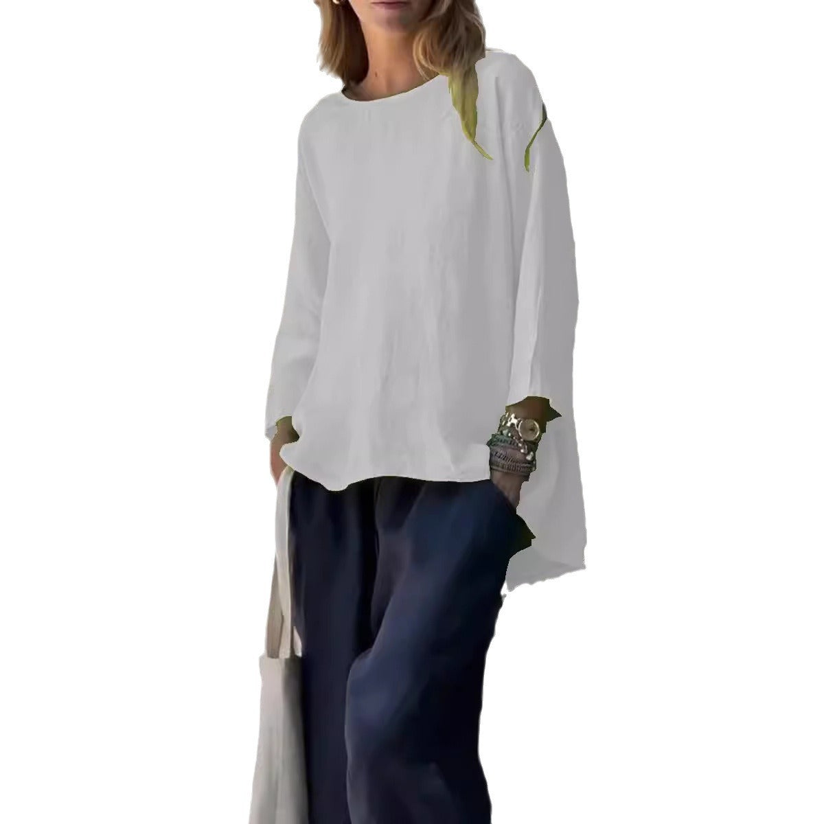 Women's Loose Linen Cotton Round Neck Long Sleeve Shirt