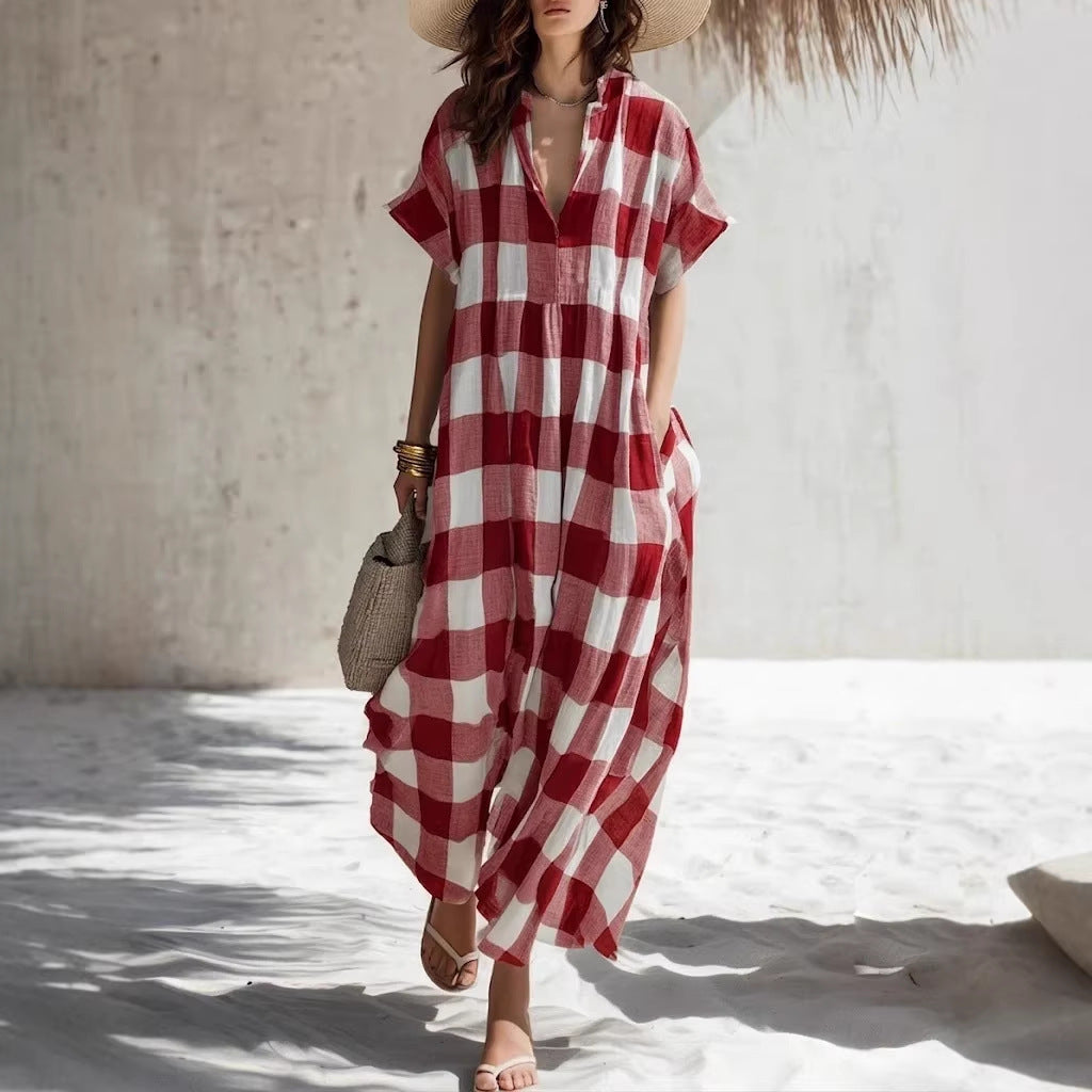 Plaid V-neck Long Cotton-Linen Dress