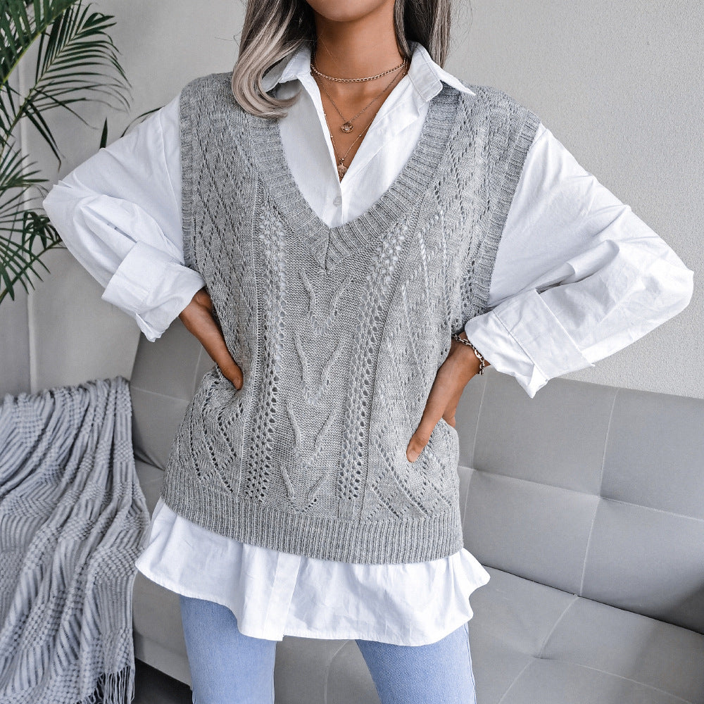 European & American Hollow Out Cable Knit V-Neck Sleeveless Sweater