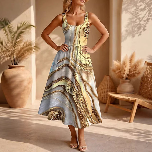 Vacation-Ready Bohemian-Style Printed Abstract Pattern Sleeveless U-Neck Midi Dress