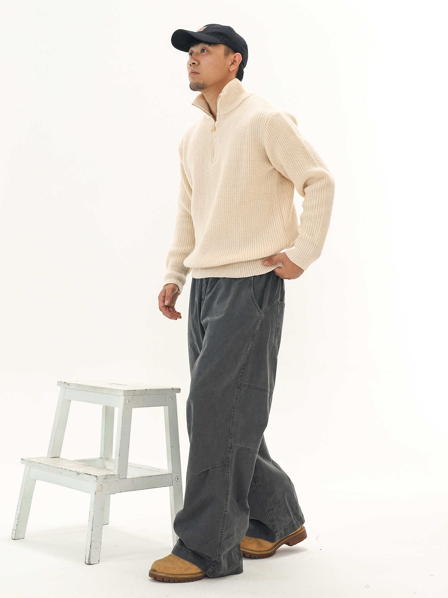 Thick Needle Wool Yarn American Retro Half Zipper Turtleneck Sweater Pullover For Men