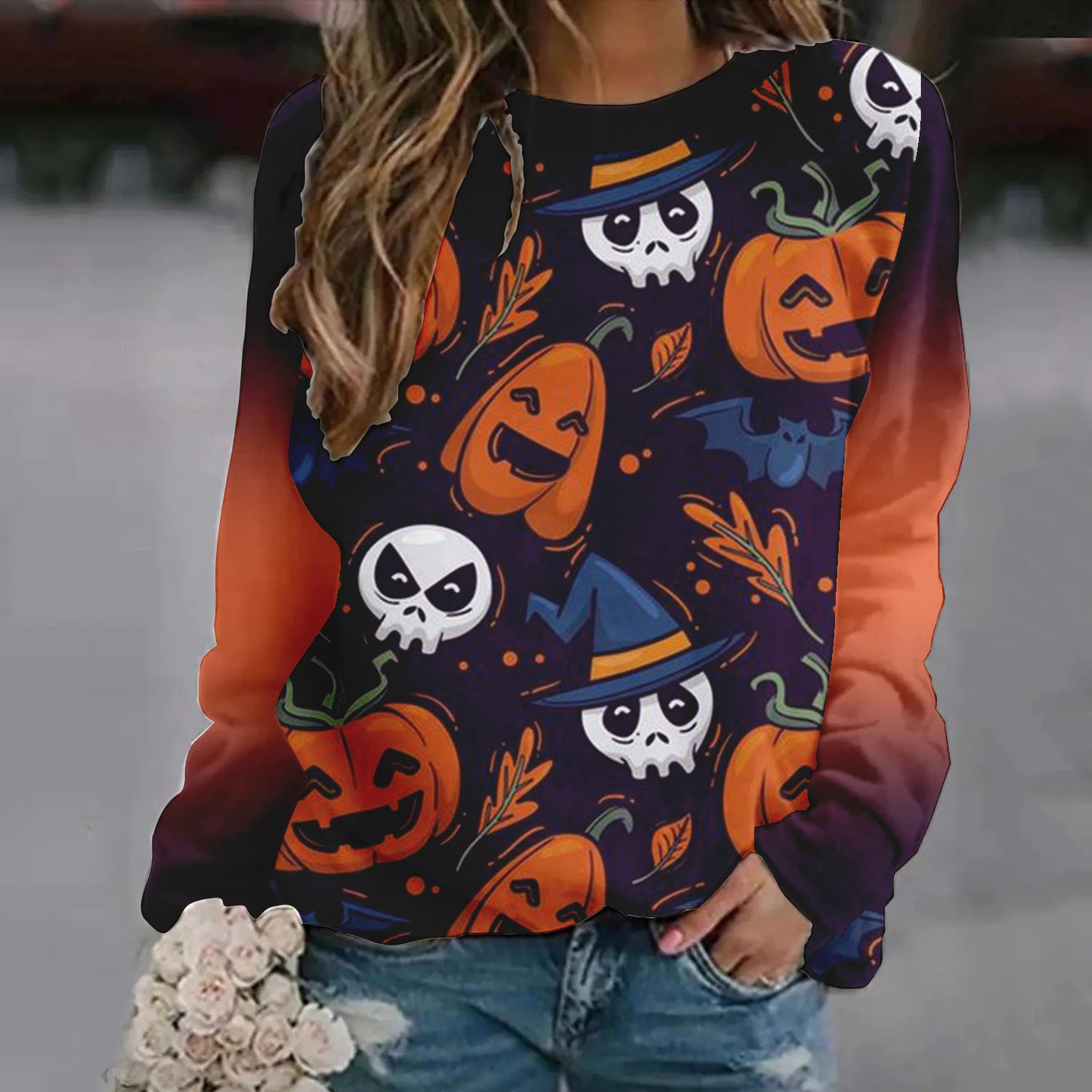 Dame Halloween-sweatshirt med tryk og raglanærmer