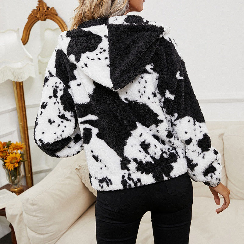 Cow Pattern Wool Cardigan Hooded Sweater Jacket