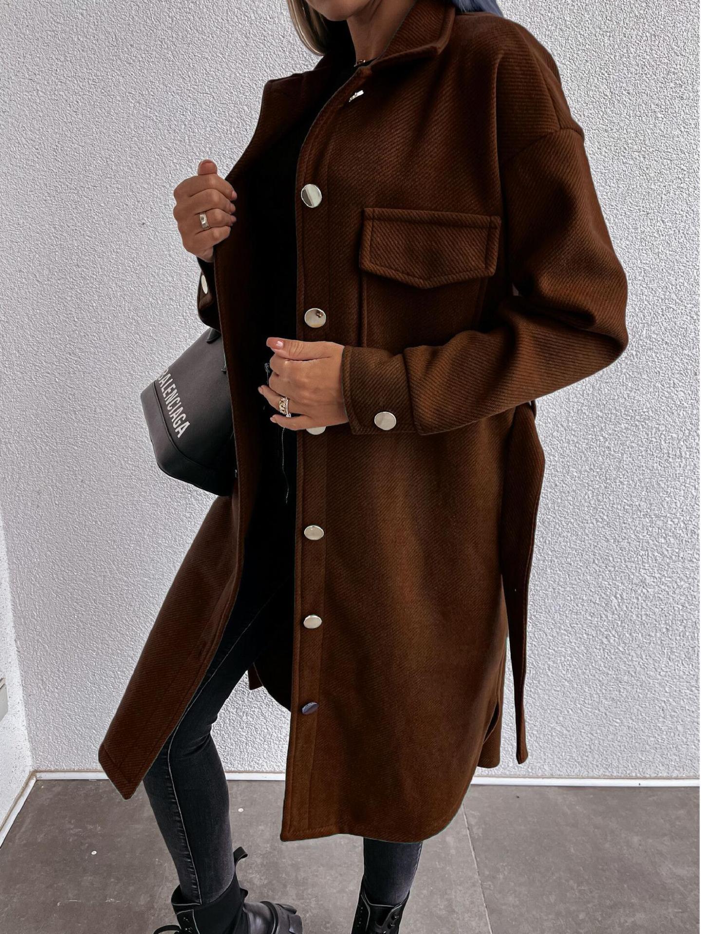 Solid Color Lace Long Sleeve Woolen Coat
