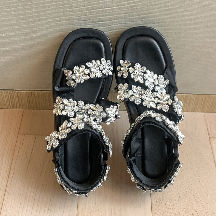 Thick Sole Muffin Heel Rhinestone Sandals
