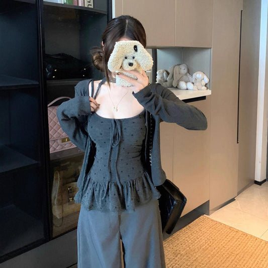 Elegant Long-sleeve Cardigan Jacket Paired With A Camisole