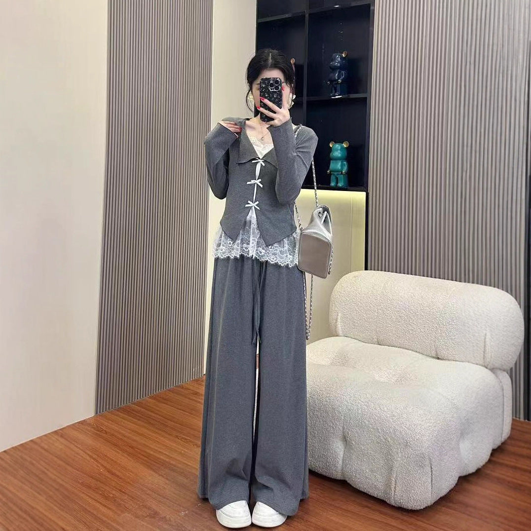 Temperament Lace Cardigan Top Slimming Wide-leg Pants Two-piece Set