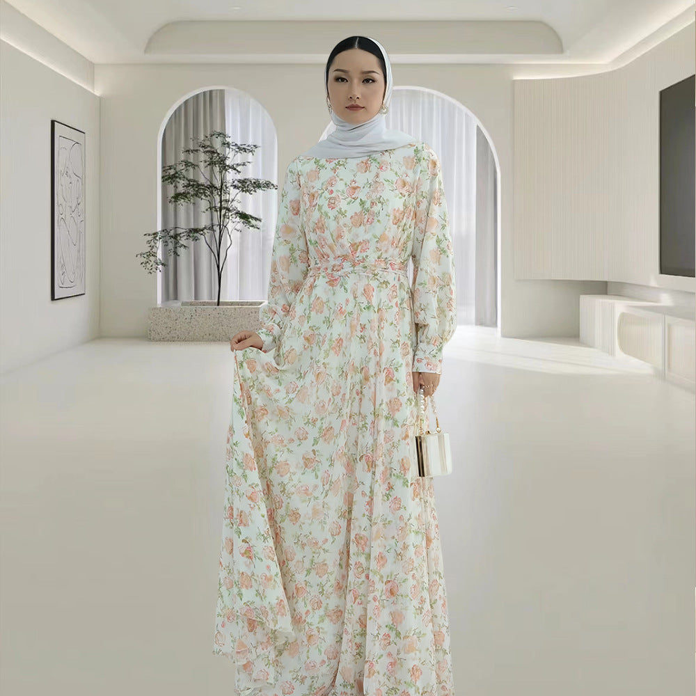 Crew-neck Floral-print Midi Dress With A Matching Belt For A Slimming Fit