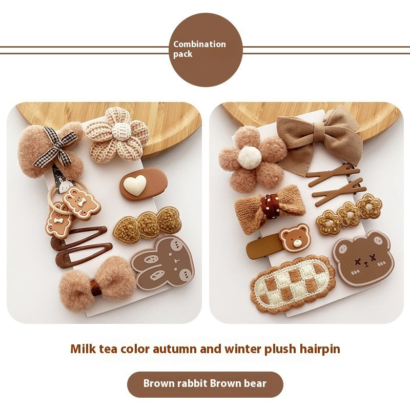 Korean Style All-match Milk Tea Color Autumn And Winter Plush Cute Flowers Barrettes Brown Bow Girl's Heart Hairpin