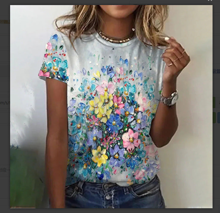 Dame T-shirt med rund hals og korte ærmer med 3D-blomsterprint