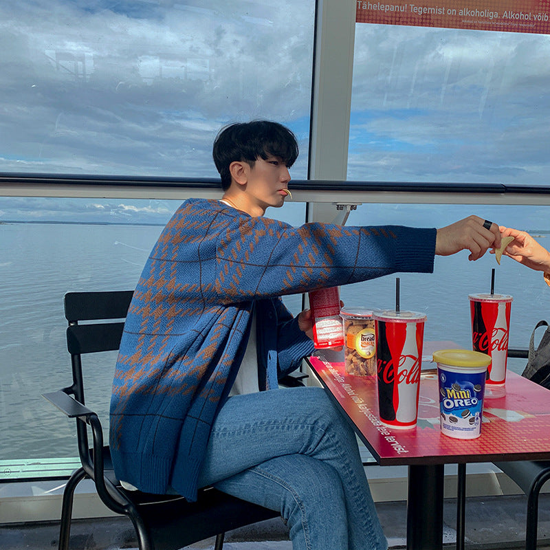 Plaid Sweater Korean Version Knitted Sweater Cardigan Men's Coat