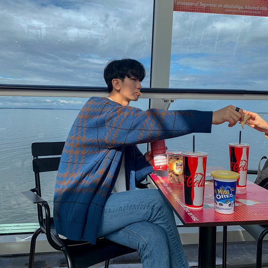 Plaid Sweater Korean Version Knitted Sweater Cardigan Men's Coat