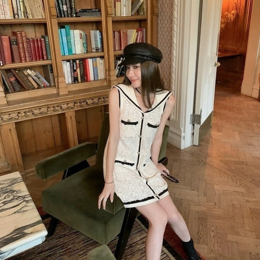 Klassisk stil udhulet ærmeløs strikkjole kvindelig elegance retro kort nederdel
