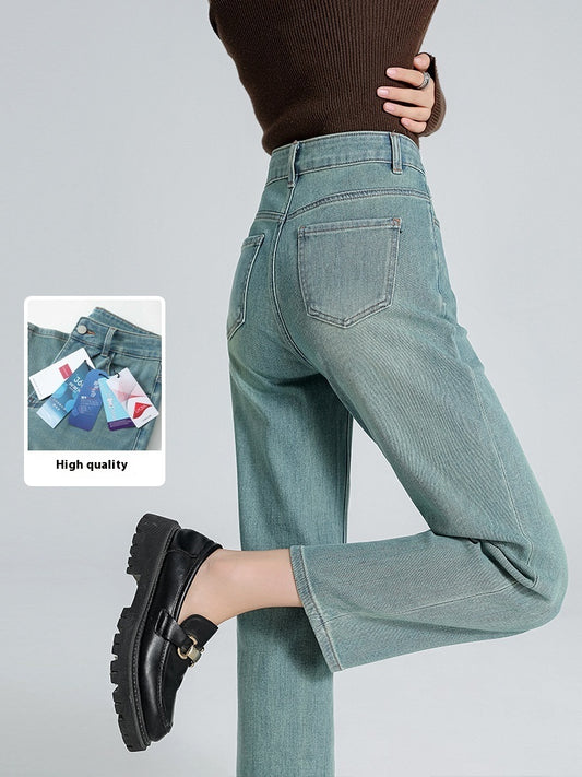 Straight-leg Pants Lyocell Cropped Primary Color High Waist Drainpipe Pants