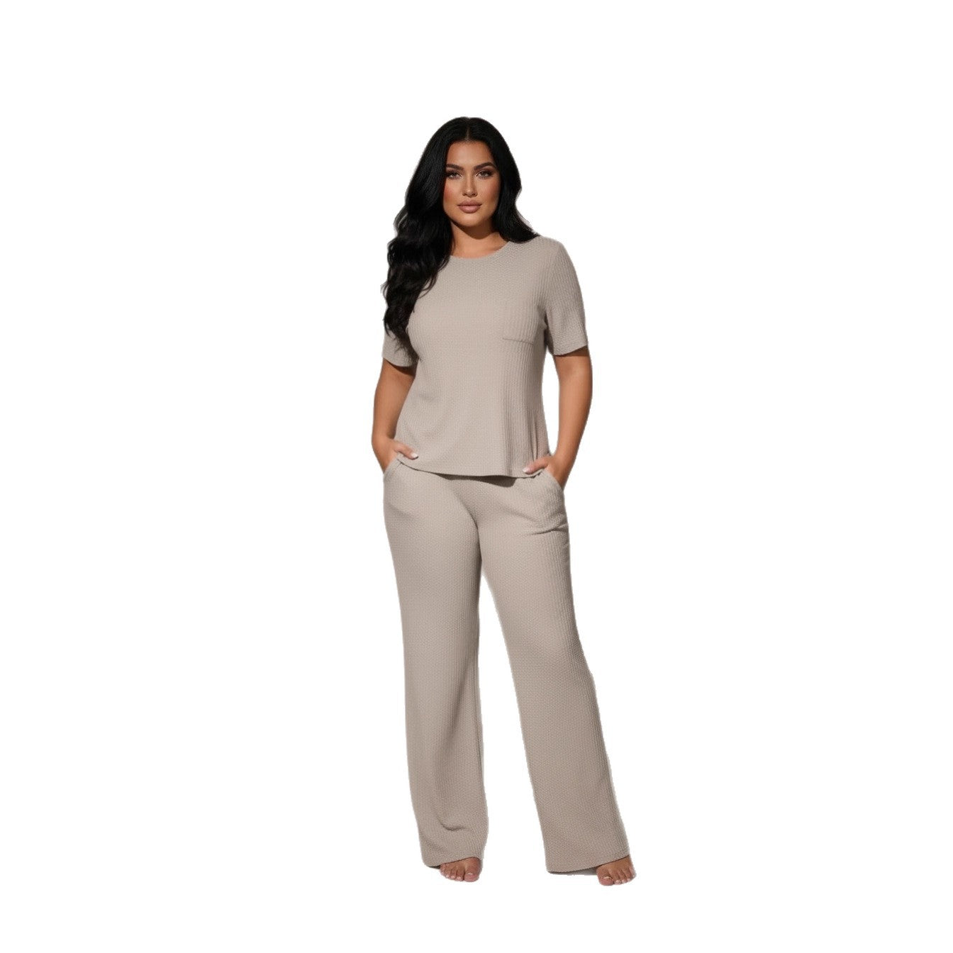 Womens Waffle-Textured Short-Sleeve And Long-Pants Set