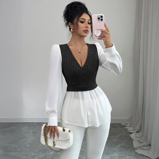 Elegant Stitching Long Sleeve Vest Shirt For Women
