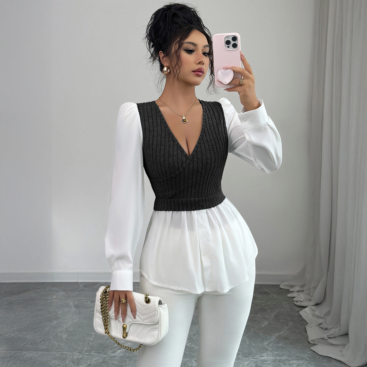 Elegant Stitching Long Sleeve Vest Shirt For Women